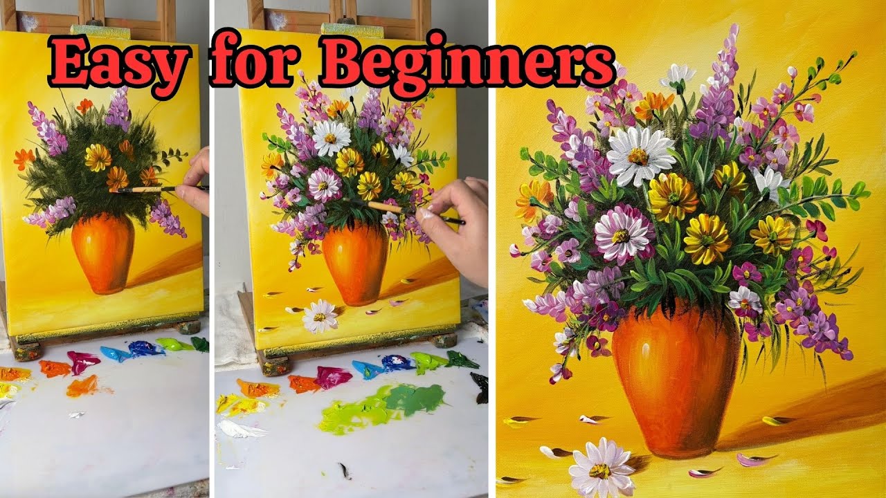 How to Paint a Vibrant Floral Bouquet in a Vase | Easy Acrylic Painting ...