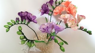 Ribbon flowers: freesia of satin ribbons/tutorial/Цветы из лент: Фрезия. МК Ribbon flowers: freesia of satin ribbons/tutorial/Цветы из лент: Фрезия. МК