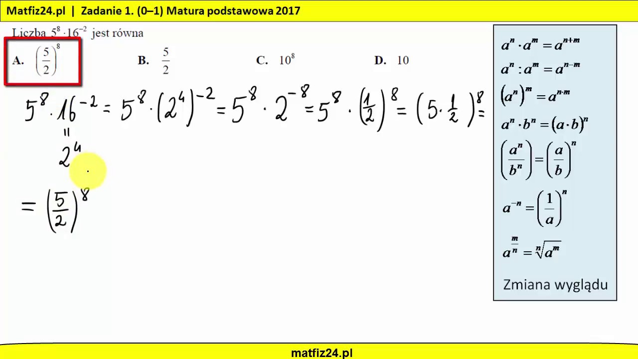 Działania Na Potęgach 8 Klasa Działania na potęgach na maturze 2017 | MATFIZ24.PL - YouTube