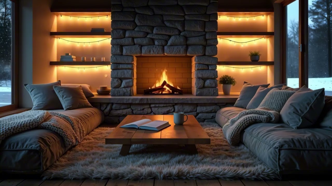 Cozy Fireplace Living Room | Winter Ambience