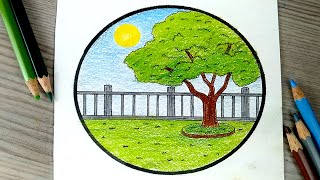 رسم  | تعلم رسم منظر طبيعي الوان خشبية | رسم شجرة سهله  | rsm | رسم منظر طبيعي | رسم سهل