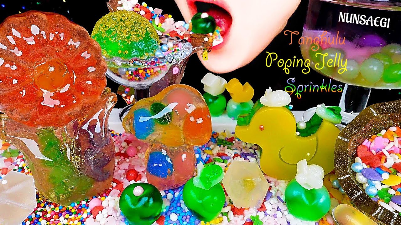 ASMR RAINBOW SPRINKLES POPPING JELLY TANGHULU 팝핑젤리 탕후루, 보바젤리 탕후루, 스프링클 먹방 / Shorts Nunsaegi 쇼츠