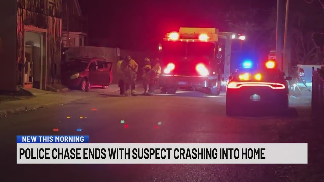 Police chase ends with suspect crashing into home - YouTube
