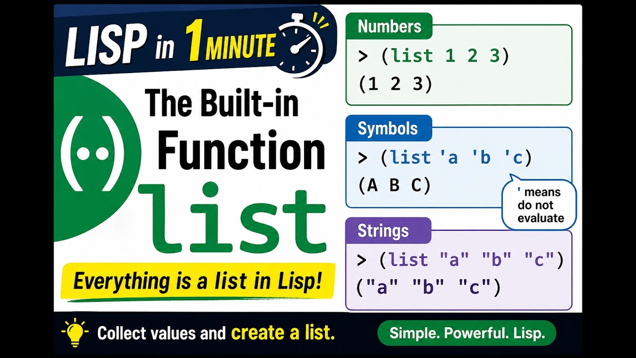 Lisp in 1 Minute: The Built-in Function list - YouTube