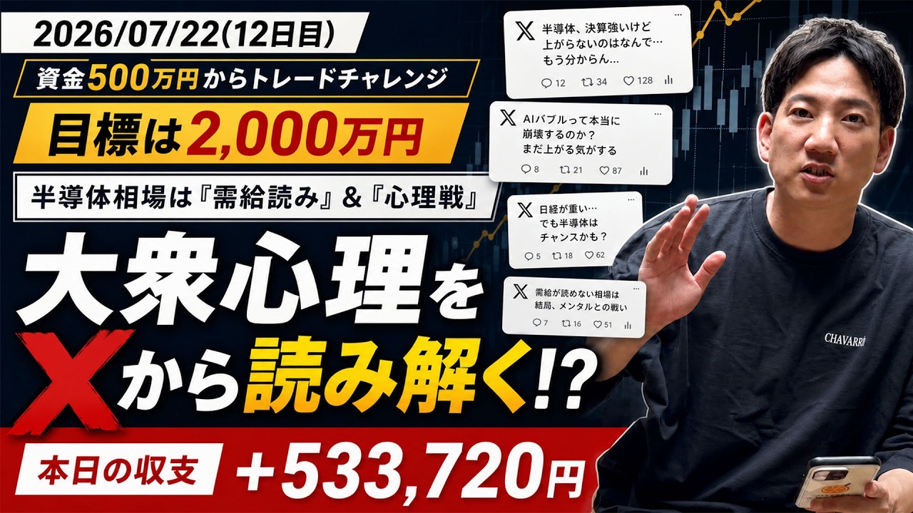 【デイトレ実践】半導体相場は需給読みと心理戦！Xの大衆心理を読んで+533,720円｜資金500万円チャレンジ12日目