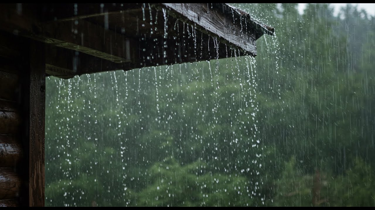 Calm Rainfall Under a Wooden Cabin Roof in the Forest | Relaxing Nature Ambience