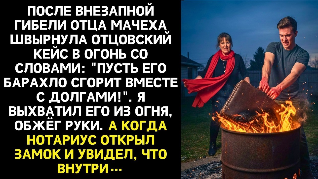 Мачеха швырнула кейс отца в костер. Я молча выхватил. Нотариус открыв побледнел: «Вызовите юристов»