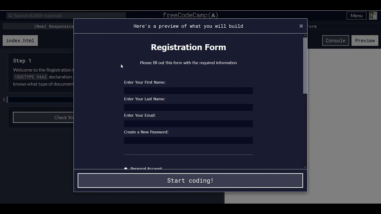 freeCodeCamp: Learn HTML Forms by Building a Registration Form - Easy Level