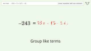 Solve -243=5+4(7x-6): Linear Equation Video Solution | Tiger Algebra