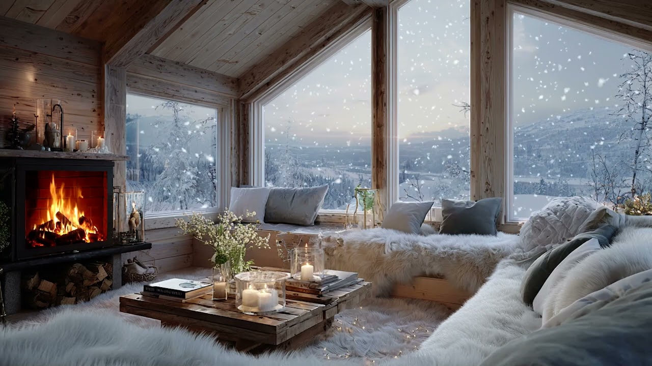 Calm Snow Piano Lounge | White Floral Interior and Warm Fire Glow