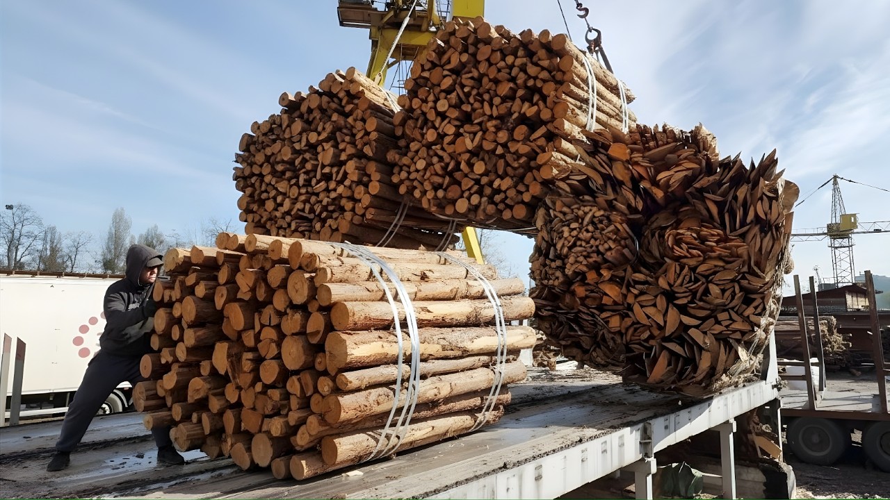 Sawmill Slabs Feeding the Wood Chips Shredder.