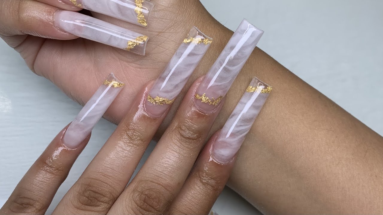 HOW TO DO FULLSET MARBLE WITH GOLD FLAKES LONG NAILS COFFINS, ACRYLIC FOR  TUTORIAL