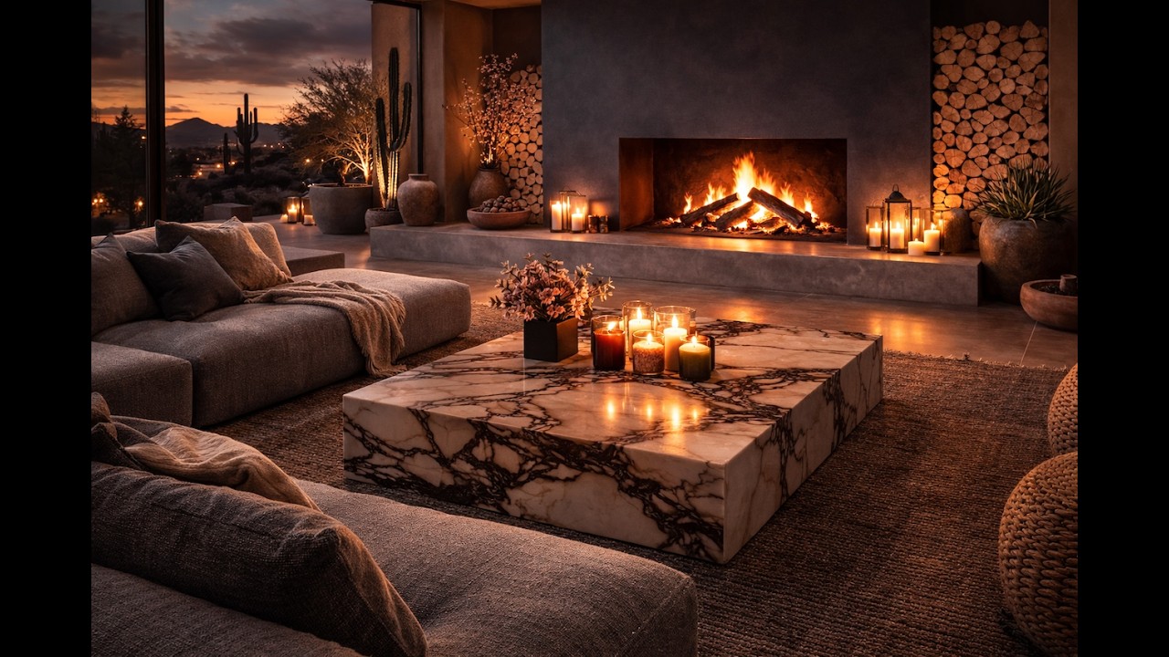 4K 8HR Fireplace in Modern Desert Living Room 🔥 Cozy Crackling Fire for Sleep & Relaxation