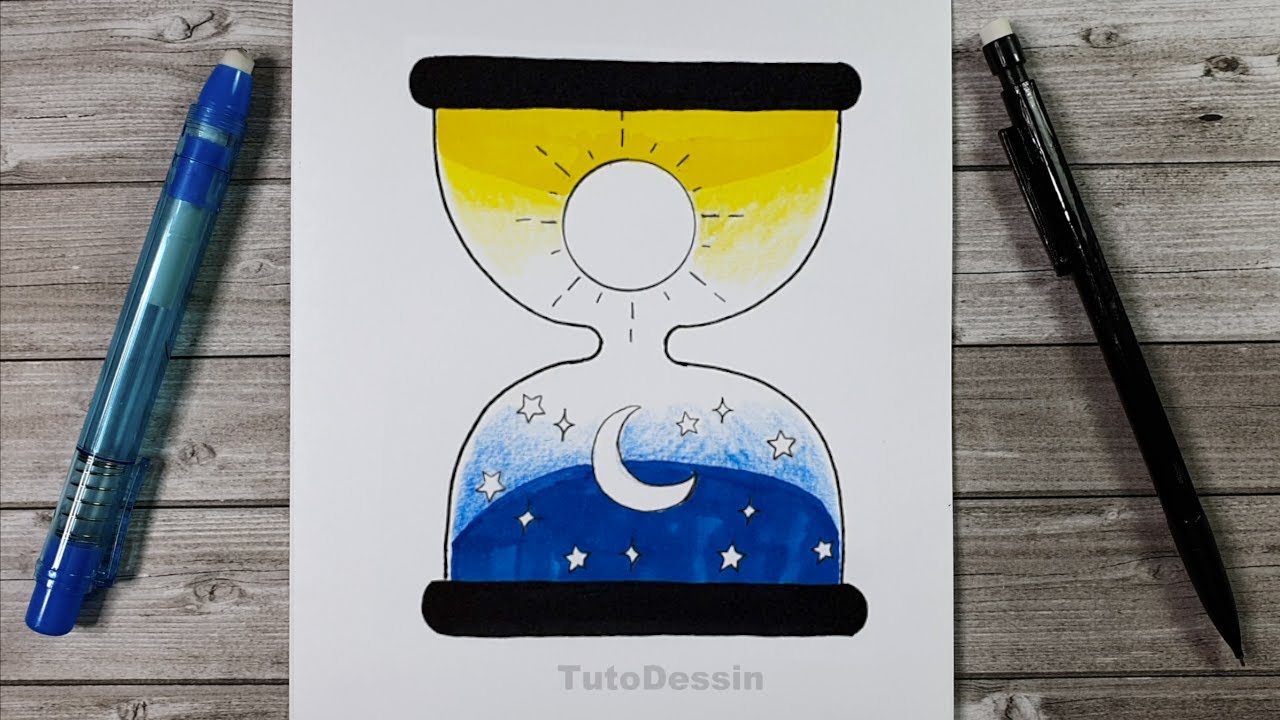 Sablier Jour versus nuit à dessiner pas à pas | Comment dessiner un