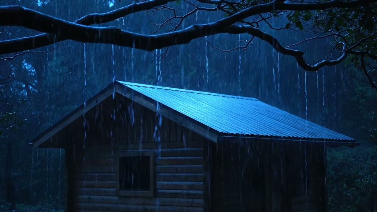 Heavy Rain on Cabin Roof at Night 🌧️ Dark Forest Storm Sounds for Deep Sleep (ASMR 4K)