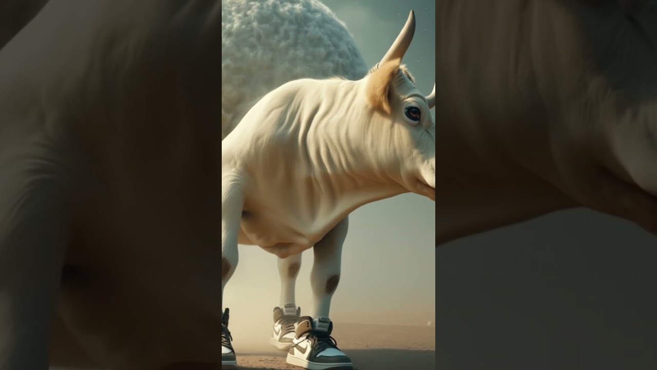 Make a cow on the body of a planet with your feet wearing Nike 