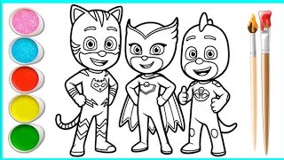 Lets Color PJ Masks Coloring Page Featuring Catboy, Gekko, Owlette