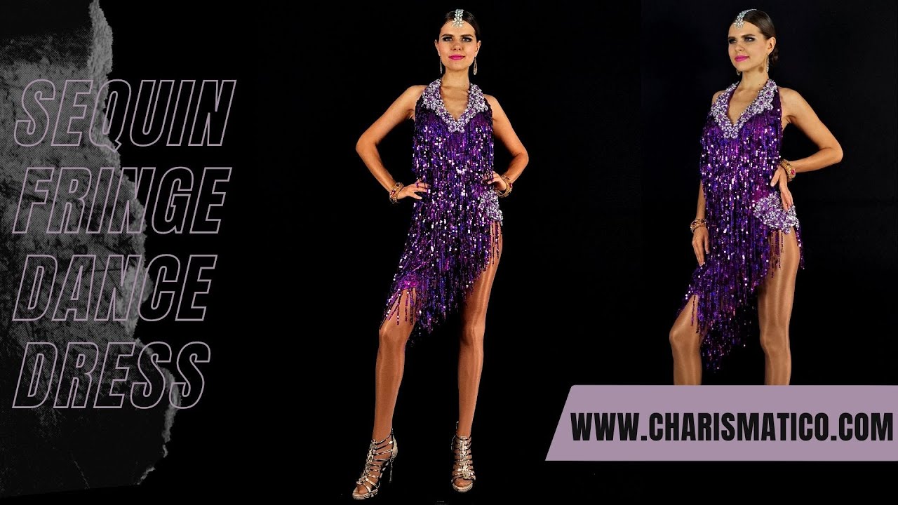 CHARISMATICO Sequined purple fringe Latin salsa dance dress with cross top
