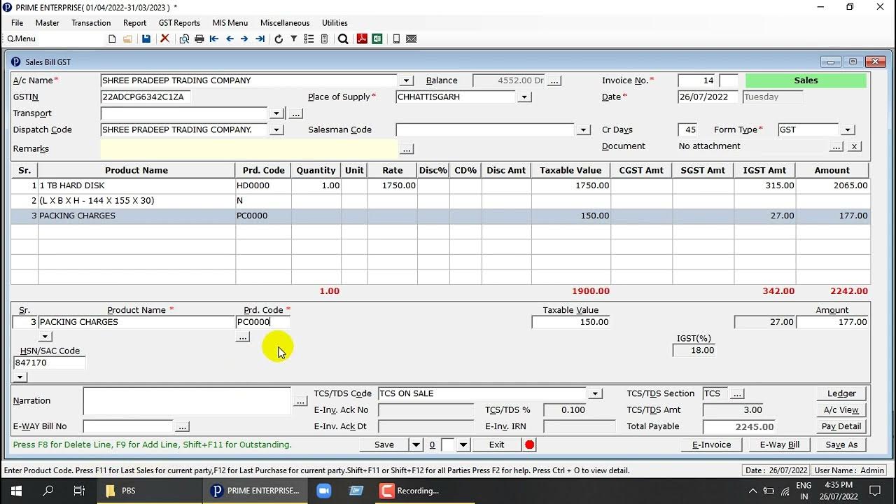 How to create Sales Bill in PBS Software. YouTube