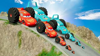 Big & Small Lightning Mcqueen with Monster Truck Wheels vs King Dinoco vs DOWN OF DEATH in BeamNG