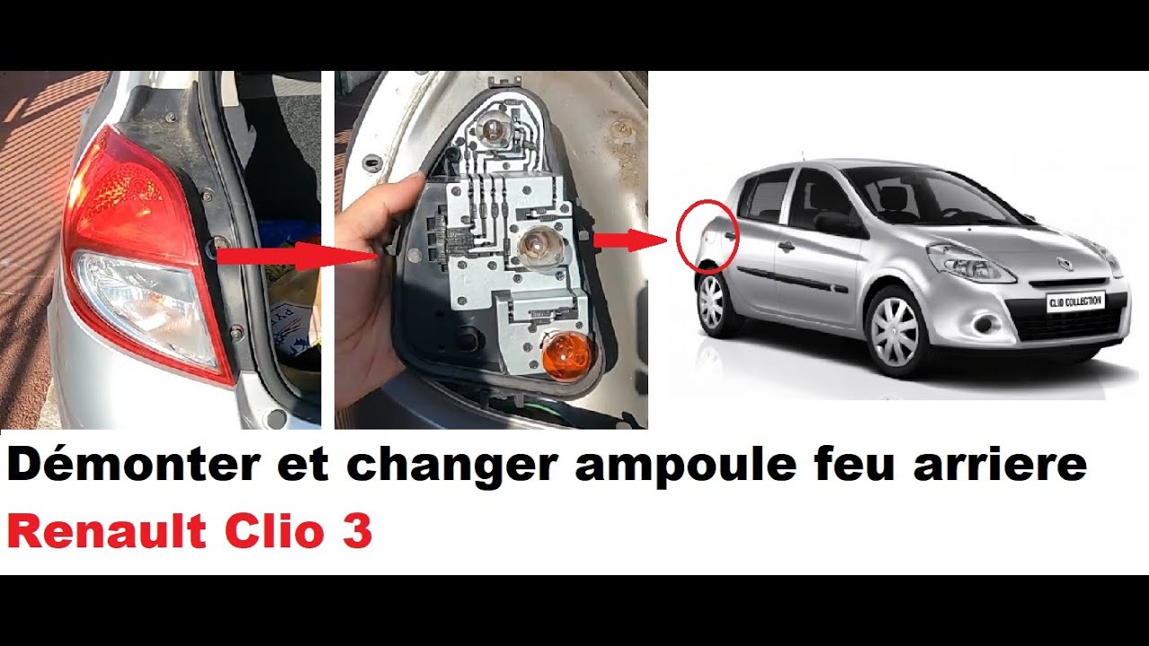 Снять задний фонарь Clio 3 и заменить лампочку.