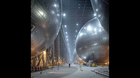 the inside of a construction plant that produces huge world-like spheres that contains large discs