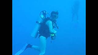 Female Scuba Diver Slowly Rising To The Surface