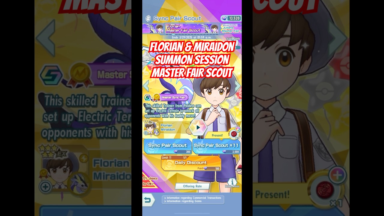 ⚡️Florian & Miraidon Summoning Session⚡️| Florian Master Fair Scout in Pokémon Masters EX