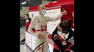 Robert Kubica tries to cut of Giovinazzi's hair...