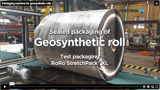 Packaging machine wrapping geosynthetic rolls