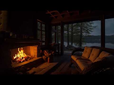 Cabin on Heavy Rainy day | Fireplace & Lake Sounds for Relaxation and Sleep (24 Hours)