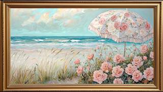 Pink Roses & Floral Umbrella Beach | 4K Frame TV Art | Dreamy Coastal Oil Painting screenshot 4
