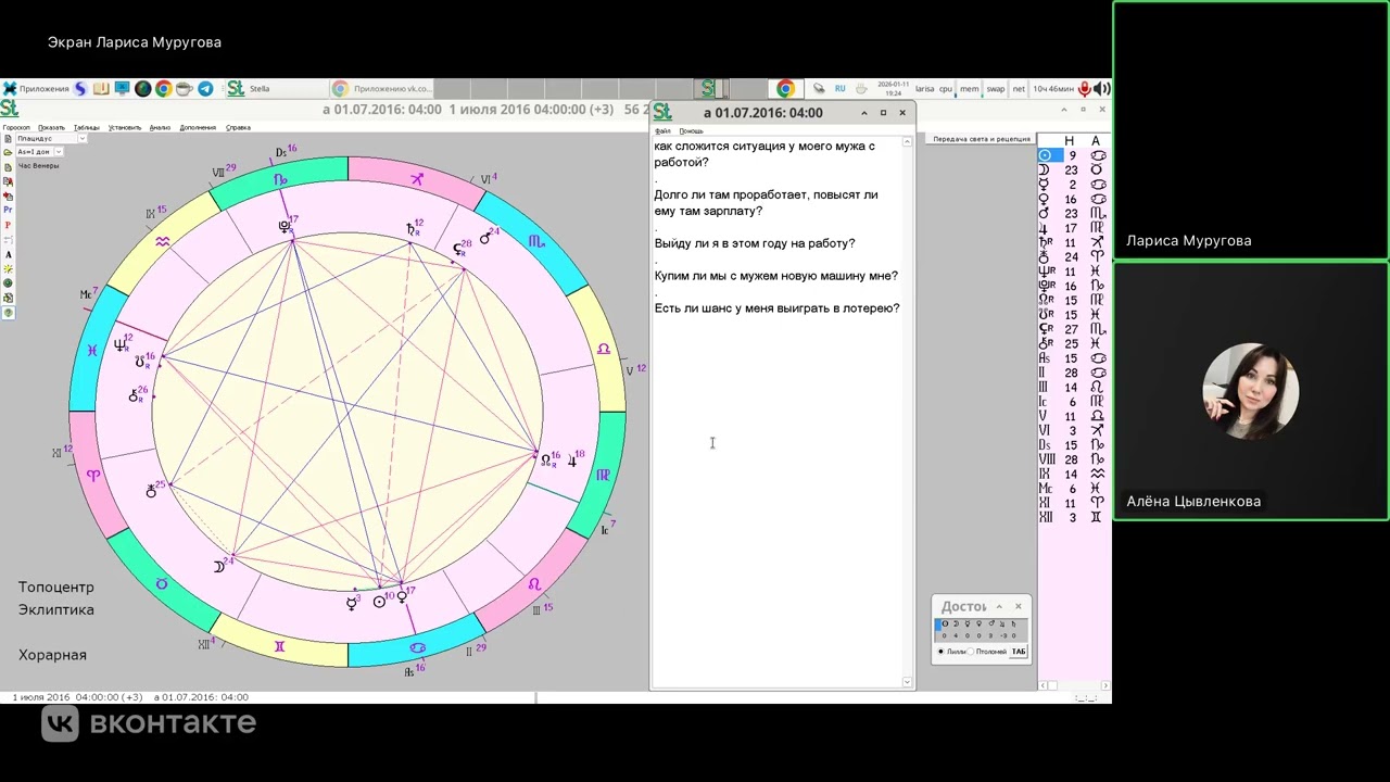 Видеозвонок по обучению хорарной астрологии (практика).