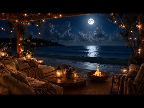 (No Ads) Moonlit Ocean Porch 🌙 LIVE 24/7 Ocean Waves &amp; Cozy Beach Fire for Deep Sleep, Relax, Read — free youtube stock footage