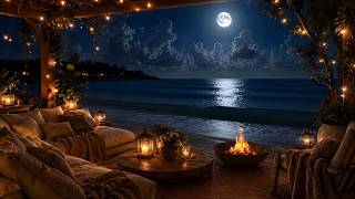 (No Ads) Moonlit Ocean Porch 🌙 LIVE 24/7 Ocean Waves & Cozy Beach Fire for Deep Sleep, Relax, Read