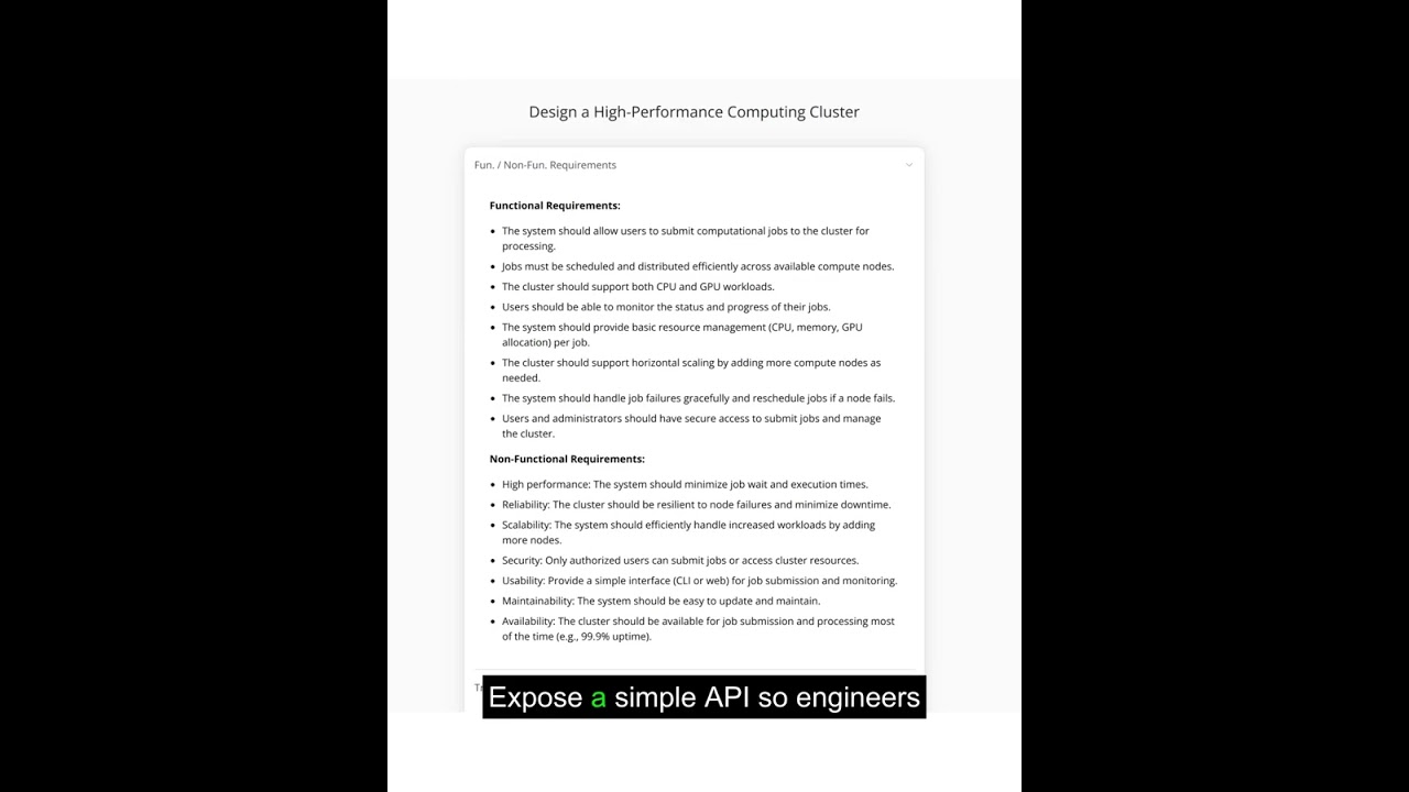 Design an HPC cluster end-to-end: requirements, traffic & capacity sizing, REST APIs, database schem