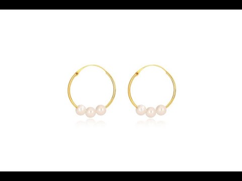 Šperky – Náušnice ze žlutého zlata 585 - úzké kruhy s lesklým povrchem, tři  bílé perličky - YouTube