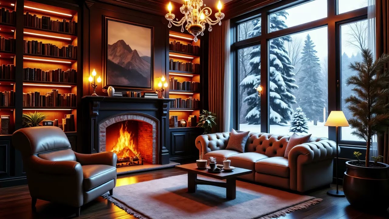 Winter Jazz Lounge Ambience ❄️ Elegant Library, Calm Snowfall