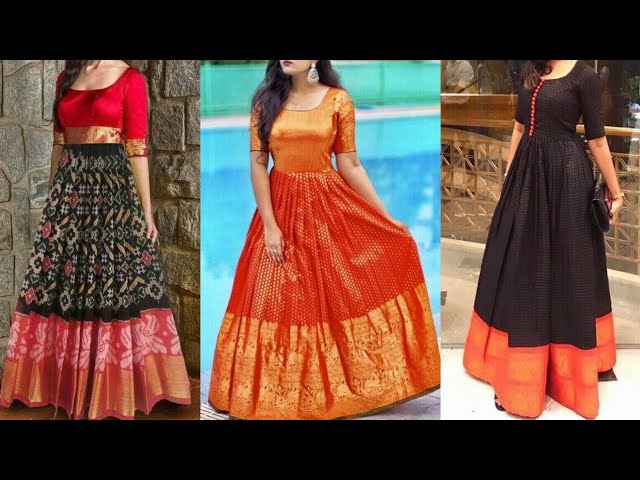Traditional Kanchi pattu border floor length dresses  Long gown design  Long blouse designs Indian fashion dresses