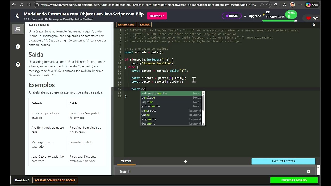 Estruturas com Objetos em JavaScript com Blip 3/3 Conversão De Mensagem Para Objeto Em ChatBot