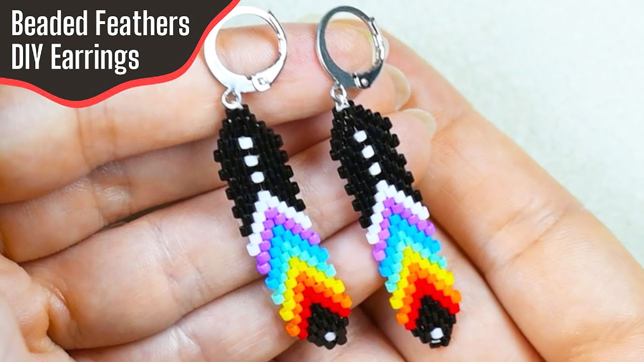 Серьги-перья, выполненные в технике кирпичной кладки | Урок по бисероплетению в стиле бохо для на...