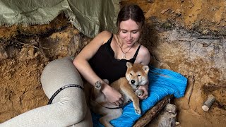 Girl and Dog Survive in a Huge Dugout Shelter with a Fireplace 🔥 