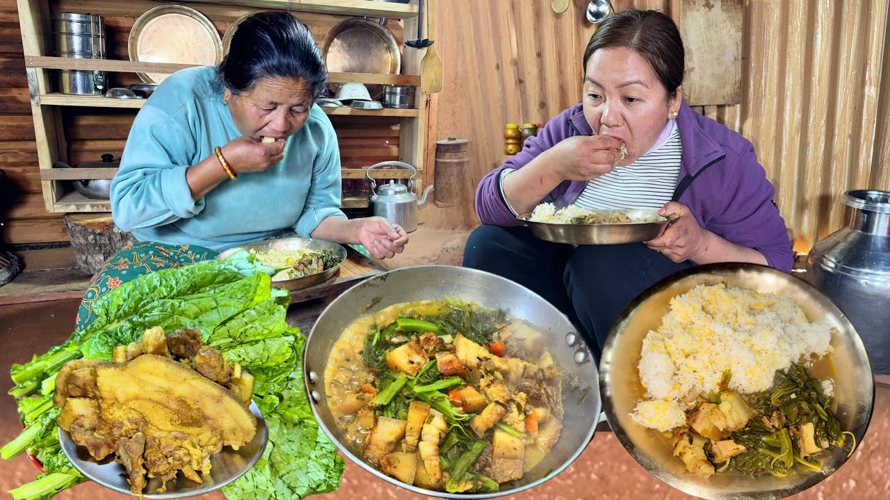 Village Style Pork & Mustard Greens Curry | Cooking & Eating Together | Pork Recipe | Village Vlog