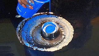 SUPER COOL Open Cup Acrylic Pour!!  Metallic Blue with Neutral Colors.