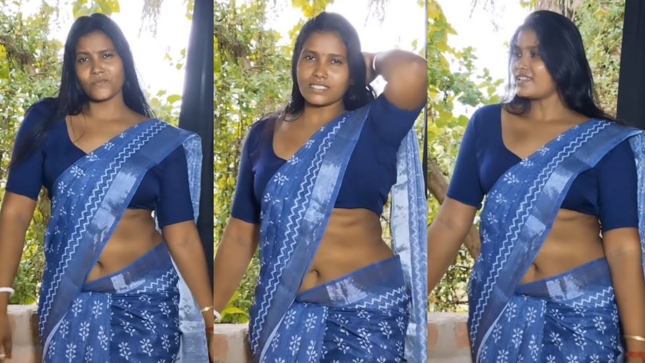Ultra Low Hip Saree Draping Style Posing in Sky Blue Cotton Saree With Navy Blue Cotton Blouse 