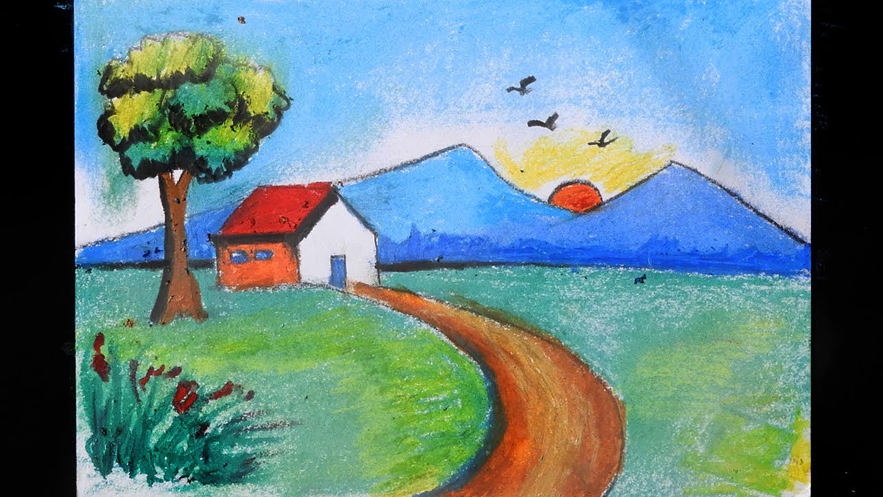 How to draw a village scenery step by step (very easy) || Art video ...