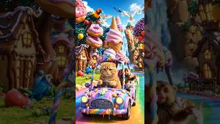 Chubby Cat Driving Magical Ice Cream Car 😲🍭 Monkey’s Candy World Adventure 🐵#catshorts #cat #monkey
