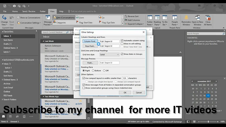 How to change the font size in Outlook Message list Outlook 2016 | 2019 | Office 365 Outlook
