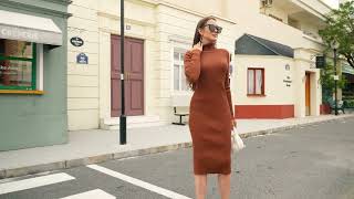 Womens Turtleneck Ribbed Knit Sweater Dress | Long Sleeve Elbow Length Cozy Bodycon Dress! screenshot 5