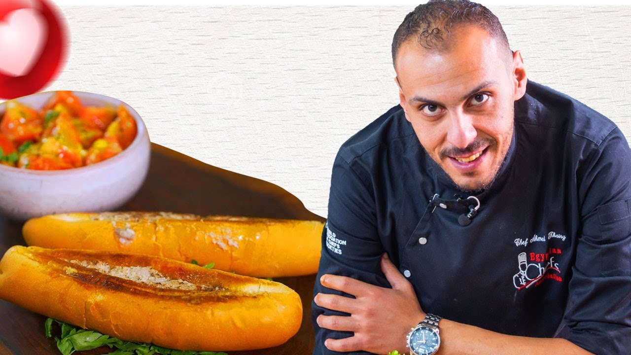 ساندوتش مخ بالزبدة  مع سلطة الطماطم بالمستردة على طريقة ابو خيري